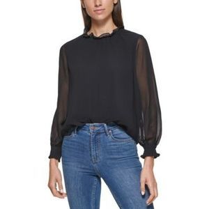 MSRP $80 Calvin Klein Ruffle Neck Tie Front Blouse Black Size Small (TORN)